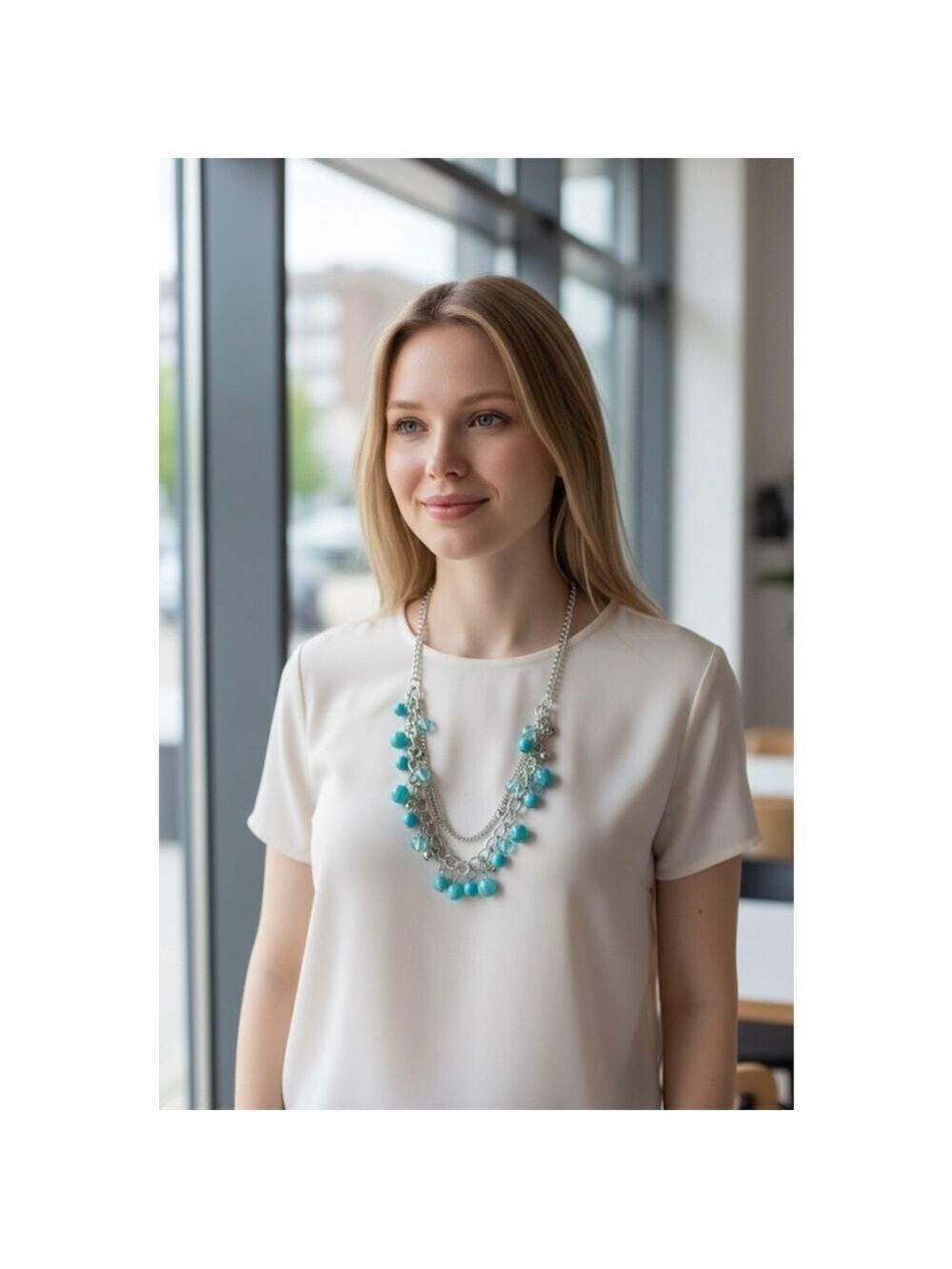 Turquoise & Silver Beaded Layered Necklace NWOT - Picture 1 of 3